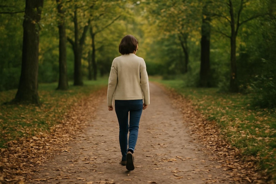 Person walking slowly on a tree-lined path with fallen leaves
