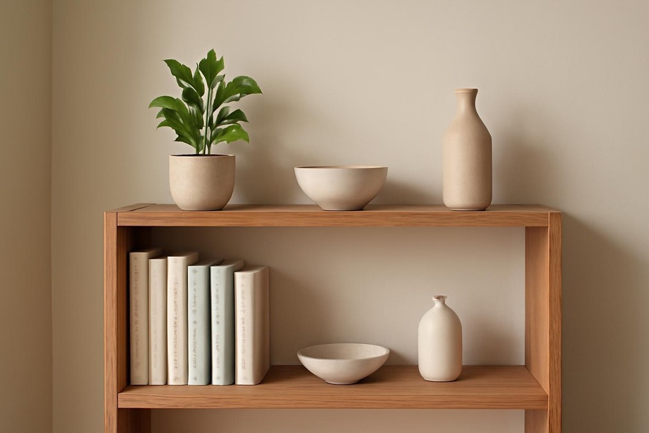 A small wooden shelf styled with books, a plant, and ceramic objects.