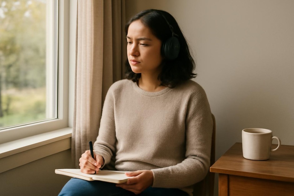 A person seated by a window with a notebook, listening to the room