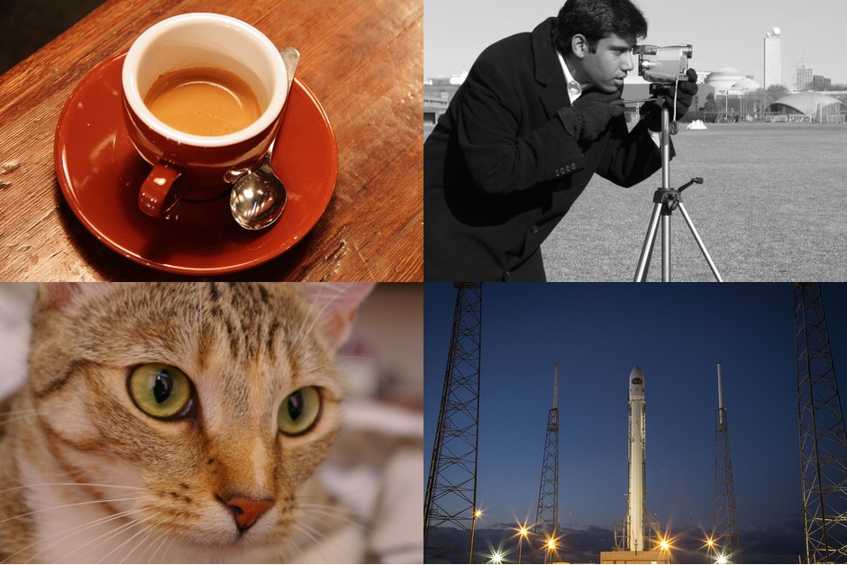 A four-part editorial collage featuring coffee, photography, a quiet home companion, and a rocket launch.