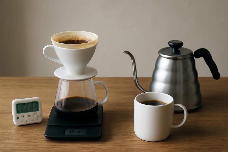 Two coffee setups: scale and timer versus kettle and cup
