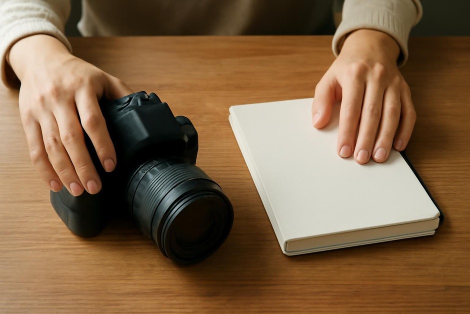 A pair of hands arranging a camera and a sketchbook on a wooden table
